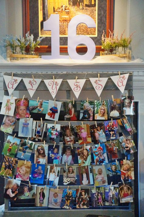 Sweet 16 Photo Wall, Sweet 16 Photo, Sweet 16 Pictures, Birthday 16, Pictures On String, Sweet 16 Photos, Sweet Sixteen Birthday Party Ideas, Sweet 16 Party, Memory Pictures