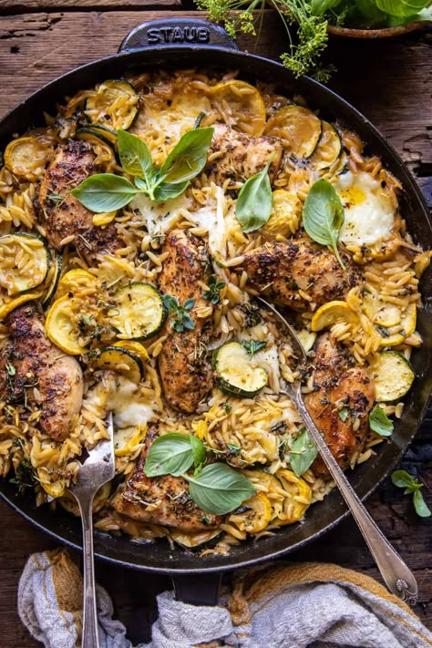 Skillet Garlic Butter Chicken and Zucchini Orzo | halfbakedhavrvest.com Half Baked Chicken Orzo, Half Baked Harvest Chicken Zucchini, Half Baked Harvest Weeknight, Half Baked Harvest Chicken, Zucchini Orzo, Harvest Garlic, Chicken And Zucchini, Orzo Recipe, Half Baked Harvest Recipes