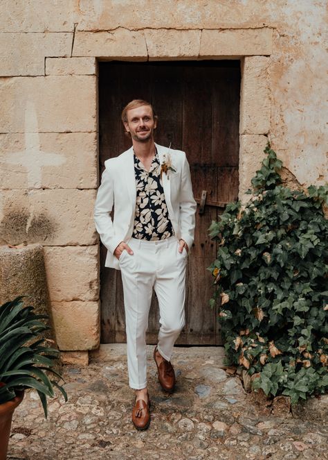 This Modern Romantic Mallorca Estate Wedding Inspiration is a Luxe Boho Dream | Junebug Weddings Modern Wedding Attire For Men, Boho Chic Wedding Outfit Guest Men, Tropical Mens Fashion, Boho Wedding Outfit Guest Men, Hawaiian Wedding Mens Attire, Hawaiian Shirt Wedding Men, Funky Wedding Suits Men, Men’s Destination Wedding Outfit, Desert Wedding Mens Suit