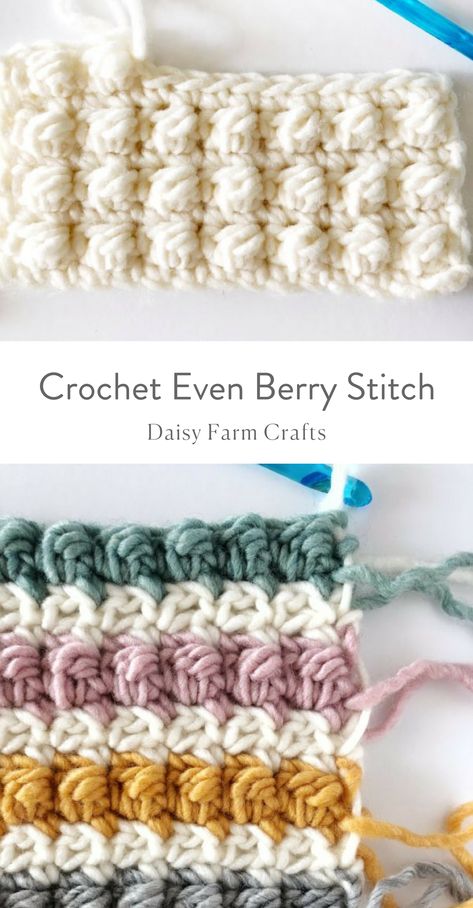 How to Crochet the Even Berry Stitch  #crochetpattern Pola Jaring, Berry Stitch, Debbie Macomber, Crochet Stitches For Blankets, Crochet Stitches Free, Crochet Knit Stitches, Farm Crafts, Crochet Daisy, Crochet Simple