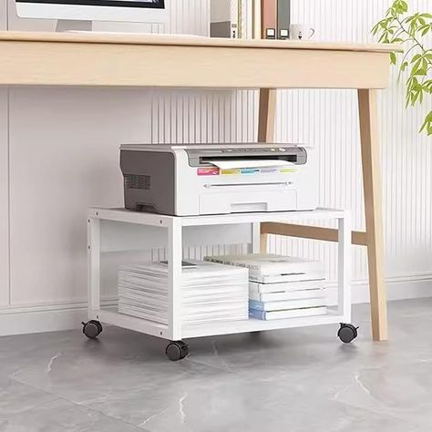 Amazon.com: Topjia 2 Tiers Rolling Under Desk Printer Stand,Office Movable Printer Desk with 4 Wheels & Lock Mechanism,Heavy Duty Storage Rack for Office and Home(Internal Height 25cm(9.8in), White) : Office Products Ikea Printer Stand, Printer Organization Ideas, Under Table Storage Ideas, Printer On Desk, Desk With Printer Storage, Under Desk Printer Stand, Printer Desk, Printer Storage, Printer Cart