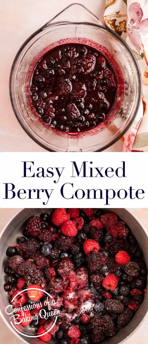 Three ingredients are all you need to make this delicious, versatile mixed berry compote. Grab some frozen berries, a bit of sugar, and fresh lemon juice and you will have the most delicious sauce perfect on top of cake, pancakes, cheesecake, trifle, and more! Frozen Berry Compote Recipe, Berry Topping For Pancakes, Triple Berry Compote, Berry Compote For Cheesecake, Mixed Berry Topping For Cheesecake, Cheesecake Berry Topping, Fruit Compote For Cheesecake, Cheesecake Fruit Topping, Mixed Berry Sauce For Cheesecake