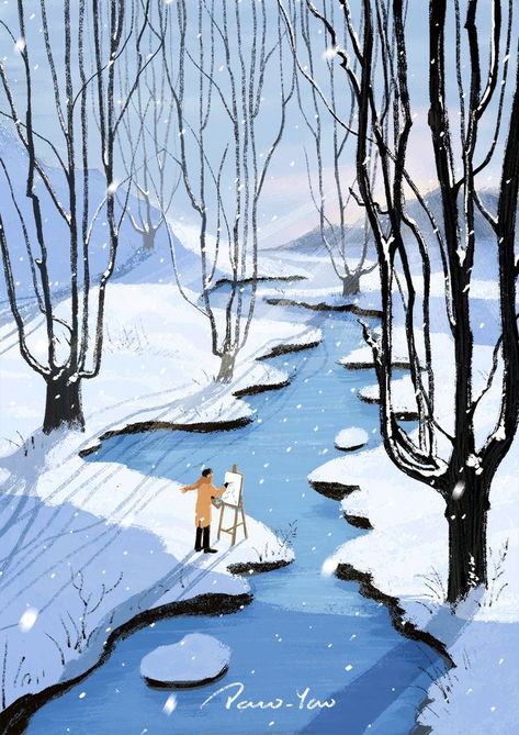 Winter Wonderland Illustration, Winter Landscape Illustration, Lofi Animation, Gif Christmas, Illustration Gif, Winter River, Pastel Poster, River Painting, Winter Illustration