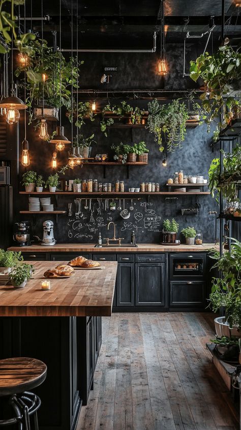 Cozy luxury boho kitchen in black and wood, featuring plants, vintage elements, and an open chalkboard wall for doodles. Gothic Earthy Home, Industrial Wood Decor, Dark Forest Kitchen, Kitchen Filming Studio, Kitchen Asethic, Dark Witchy Kitchen, Dark Elegant Kitchen, Industrial Boho Interior Design, Witchy Apothecary Kitchen