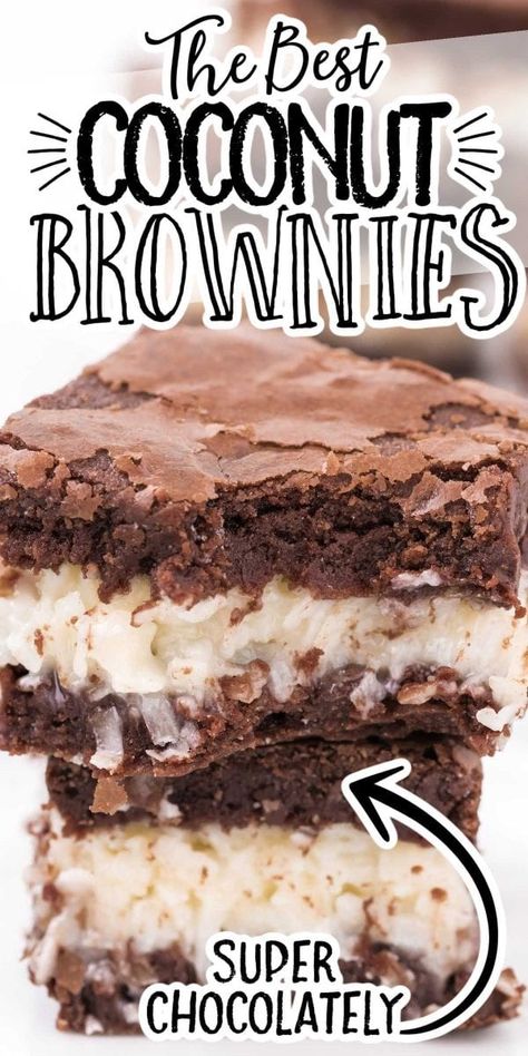 These Coconut Brownies are full of rich chocolatey decadence sandwiching a creamy layer of coconut filling, these moist bars will be worth indulging. Coconut Brownies, Chocolate Decadence, Dessert Squares, Coconut Filling, Brownies Recipe Homemade, Coconut Desserts, Chicken Healthy, Dessert Bar Recipe, Brownies Recipe