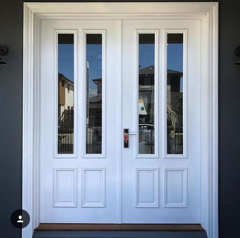 White Double Doors Entrance, Queenslander House, Stair Renovation, Entry Door Designs, Exterior Door Designs, White Front Door, French Double Doors, Double Door Entrance, Best Front Doors