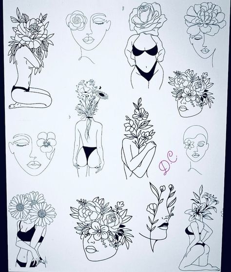 Floral Ladies Foil Sheet Foiled Images for Resin Inclusion - Etsy Small Pretty Tattoos, Feminine Tattoo, Cute Small Tattoos, Line Art Tattoos, Free Tattoo, Dope Tattoos, Simplistic Tattoos, Tattoo Design Drawings, Line Tattoos