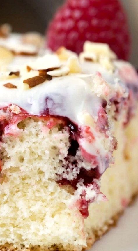 Raspberry Poke Cake, Almond Cream Cheese, Chimney Cakes, Baking Bad, White Raspberry, Dump Cakes, Potluck Desserts, Raspberry Recipes, Poke Cake Recipes