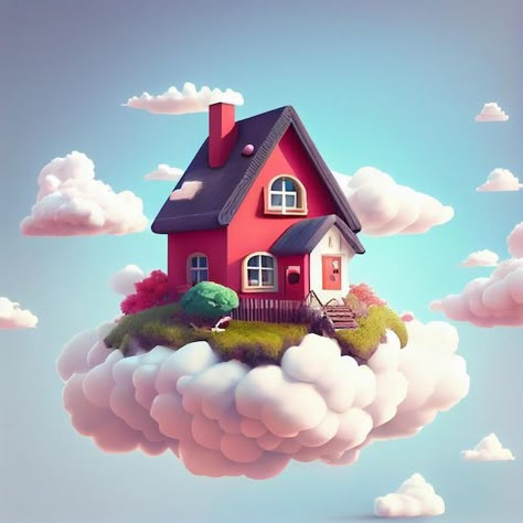 House 3d Illustration, House Cartoon Illustrations, House On Clouds, Dream House Illustration, House Design Illustration, Cartoon House Design, Cute House Illustration, Real Estate Illustration, Dreams Illustration