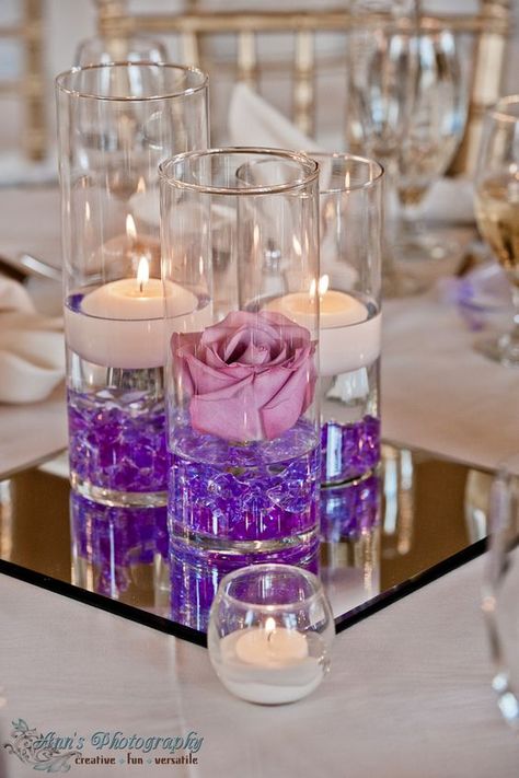 Purple Floating Candle Wedding Centerpiece / http://www.himisspuff.com/purple-wedding-ideas/13/ Quinceanera Decorations, Vase Centerpieces, Floating Candles, Wedding Table Centerpieces, Cheap Wedding, Purple Wedding, Decoration Table, Quinceanera, Table Centerpieces