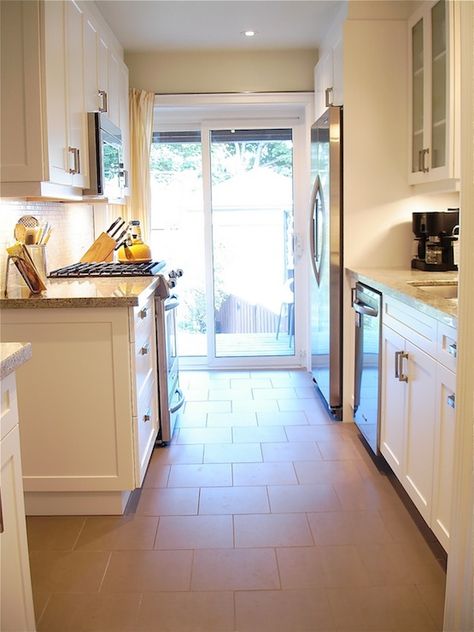 Rambling Renovators: Galley style kitchen with sliding glass patio doors. White Shaker style cabinets with ... Ikea Galley Kitchen, Small Galley Kitchen Designs, Galley Kitchen Renovation, Galley Kitchen Layout, Simple Decorating Ideas, Ikea Kitchen Remodel, Kitchen Remodel Pictures, Galley Kitchen Design, Galley Kitchen Remodel