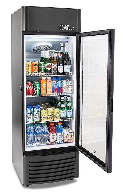 PREMIUM LEVELLA'S 9.0 cu ft single door display refrigerator is the perfect upgrade for businesses, offices, cafes, and homes. The Double-layer hollow glass door keeps the interior at the perfect temperature and eliminates condensation. The removable/adjustable shelves accommodate a variety of beverages such as water, soda, juice, milk, beer, and wine. The single glass door allows users to beautifully display their products. Compared to standard solid door refrigerators, users can view the conte Wine And Beer Fridge, Single Glass Door, Large Wine Bottle, Display Refrigerator, Refrigerator Cooler, Solid Door, Beverage Fridge, Game Room Bar, Commercial Refrigerators