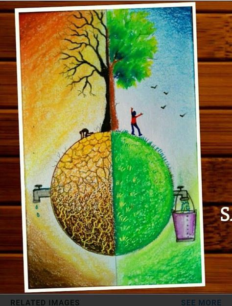 Earth Drawing Creative, Earth Drawing Ideas, Save Earth Drawing, Save Water Poster Drawing, Earth Drawing, Earth Day Drawing, Earth Drawings, Oil Pastel Drawings, Easy Canvas Painting