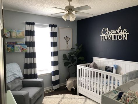 Navy Grey Nursery, Navy Blue And White Nursery, Navy And Gray Nursery, Dark Blue Nursery Ideas, Navy Nursery Ideas, Navy Blue And Grey Nursery, Navy Blue Baby Room, Cute Boy Nursery, Navy Blue Nursery Boy