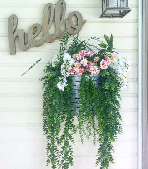 galvanized wall planter from hobby lobby Living Cheap Saving Money, Galvanized Wall Planter, Galvanized Wall, Hanging Wall Planters, Porch Flowers, Wall Planters, Front Porch Design, Porch Wall, Front Porch Decorating