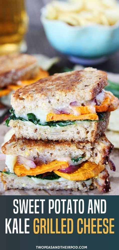 A creative grilled cheese recipe layered with sweet potatoes, kale, caramelized red onions, rosemary, and lots of cheese! This Sweet Potato and Kale Grilled Cheese is the perfect comfort food fall recipe that goes great with a bowl of warm soup! Save this fun fall treat! Fall Sandwiches, Kale Potato, Grilled Kale, Sweet Potato And Kale, Recipes Cheese, Grilled Recipes, Sweet Potato Kale, Cold Sandwiches, Grilled Potatoes