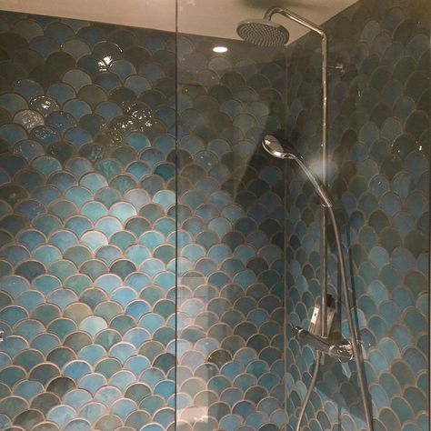 Fish Scale Tile Bathroom, Handmade Tiles Bathroom, Fish Scale Tiles, Moroccan Fish, Scallop Tiles, Tile Shapes, Moroccan Fish Scale Tile, Moroccan Fish Scale, Luxury Bathroom Tiles