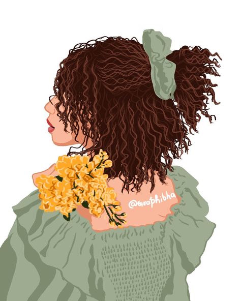 Curly hair girl with yellow flowers illustration Curly Illustration, Curly Hair Illustration, Curly Hair Art, Curly Hair Cartoon, Curly Hair Girl, Hair Poster, Curly Hair Drawing, Hair Illustration, Boy Illustration