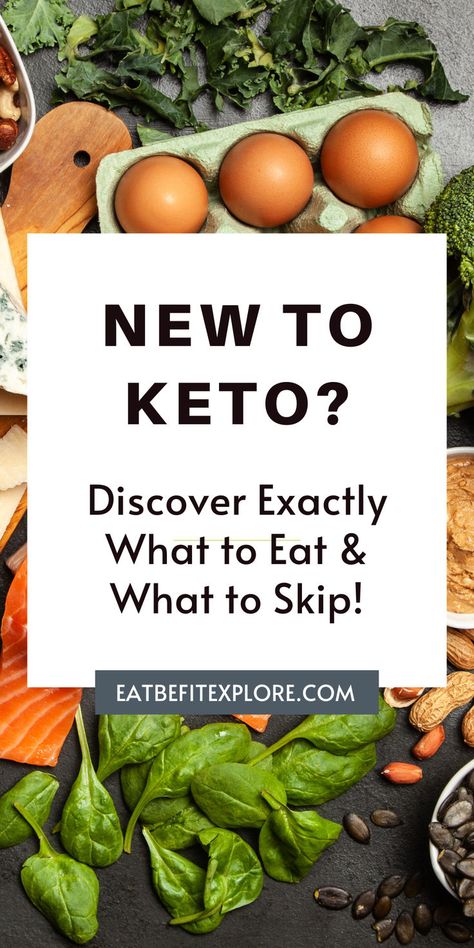 Graphic with a photo of foods in the background, the title "New to Keto?" and the subtitle "Discover Exactly What to Eat & What to Skip!" High Sugar Fruits, Keto Diet Food, My Keto, Dairy Free Breakfasts, Starting Keto, Starting Keto Diet, Low Carb Vegetables, Keto Diet Food List, Keto Food List