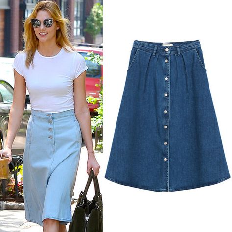 Thanks to the 1970s and 1990s fashion revivals, the denim skirt has once again become a year-round wardrobe essential. Here's how to find the most flattering one for your body. Style A Jean Skirt, Denim Skirt Outfit Ideas, Denim Skirt Outfit, Skirt Outfit Ideas, Denim Skirt Outfits, 1990s Fashion, Denim Skirts, Skirt Outfit, Jean Skirt