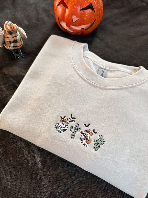 Halloween Embroidered Crewneck, Halloween Embroidery Sweatshirt, Ghost Cactus, Halloween Land, Cactus Sweatshirt, Salem Halloween, Fall Crewneck Sweatshirt, Embroidered Halloween, Country Halloween