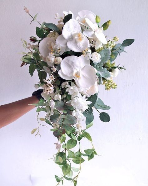 Orchid Eucalyptus Bouquet, Orchid And Eucalyptus Bouquet, Small Cascading Bouquet, Cascading Wedding Bouquets Orchids, Magnolia Bridal Bouquet, White Lilium, Orchid Wedding Theme, White Orchid Bouquet, Orchid Bridal Bouquets