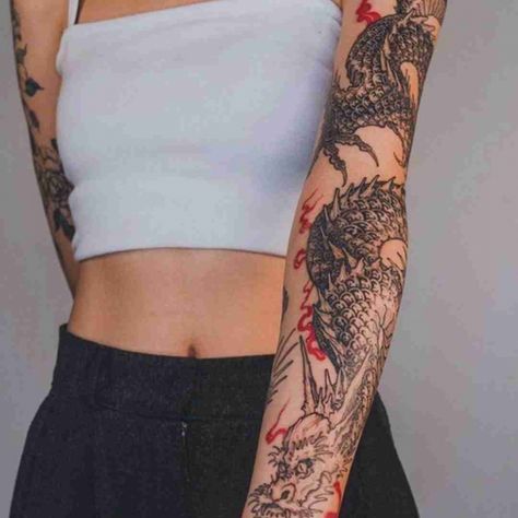 The Ultimate Dragon Tattoo Guide For Tattoo Lovers - Tattoo Stylist Hot Tattoo Designs, Korea Tattoo, Dragon Sleeve Tattoos, Dragon Tattoo For Women, Tattoos For Lovers, Forearm Tattoo Women, Tattoo Feminina, Girly Tattoos, Dream Tattoos