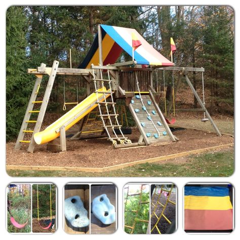 To Rehab a Redwood Swing Set - All About The House Rainbow Playset Makeover, Corner Playhouse, Restoring Wooden Playset, Swingset Landscaping Rubber Mulch, Upgrade Outdoor Playset, Deck Walkway, How To Level Ground For Swingset, Playset Makeover, Rainbow Playset