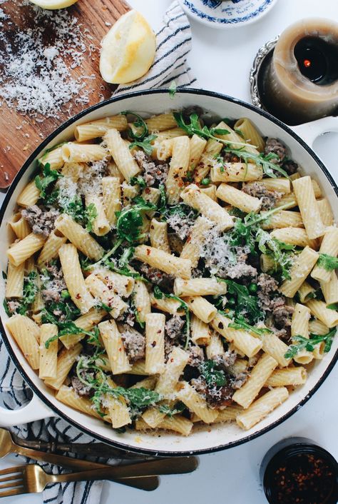 Rigatoni with Arugula, Italian Sausage and Lemon - Bev Cooks Italian Sausage Recipes Pasta, Greek Turkey Meatballs, Bev Cooks, Arugula Pasta, Rigatoni Recipes, Fall Eats, Sausage Pasta Recipes, Slow Roasted Tomatoes, Italian Sausage Pasta