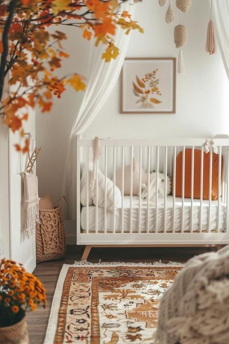 Creating an Autumn Nursery: Calm and Cozy Autumn Nursery Ideas, Autumn Themed Nursery, Fall Theme Nursery, Orange Nursery Ideas, Autumn Nursery, Nursery Orange, Fall Nursery, Cream Nursery, Orange Nursery