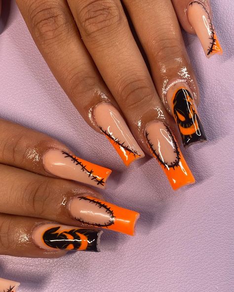 orange, acrylic nails, oogie boogie, nightmare before christmas Halloween Disney Nails Acrylic, Boogeyman Nails, Ogie Bogie Nails, Oogey Boogey Nails, Ophir Boogie Nails, Oogie Boogie Nails Simple, Oggie Boggie Nails, Boogie Man Nails, Oogie Boogie Nails