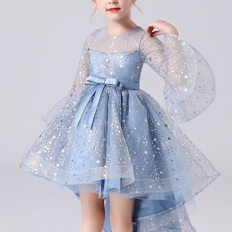 Solid Light Blue Children Girls Polyester Light Blue Long Sleeve Princess Dress For Party, Long Sleeve Light Blue Princess Dress For Party, Light Blue Long Sleeve Princess Party Dress, Long Sleeve Light Blue Princess Party Dress, Blue Long Sleeve Princess Dress For Spring, Party Dress With Ruffles And 3/4 Sleeves, Blue 3/4 Sleeve Dress With Ruffles, Kids Pageant Dresses, Kids Pageant