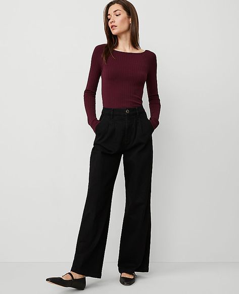 A modern jean with a perfect drape and high waist that endlessly flatters. Front zip with double hook-and-bar closure. Belt loops. Front double pleats. Front off-seam pockets. Back besom pockets.,Leg Shape:Trouser – a pant with a bit of flare that lengthens legs,Rise:High rise: sits 1/2" to 1" below natural waist,Imported:Imported,Fit:Relaxed & easy,Length:Full length: 31" inseam with 25" leg opening,Fabrication:98% Cotton, 2% Elastane,Garment Care:Machine Washable The Pleated Trouser by Ann Tay Black Tapered Pants Outfit, Women’s Work Pants, Tapered Pants Outfit, Black Slacks Outfit, Black Pants Women, Slacks Outfit, Black Straight Leg Pants, Black Work Pants, Business Casual Style