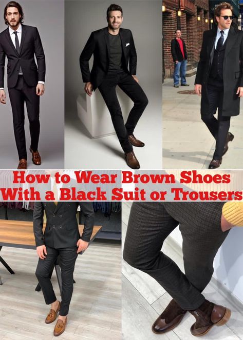 We do not want you to read the whole article at first and then come to the point, instead, we would put the details right away for you. It is easy, that the answer is yes as you can wear those brown shoes with black but there are certain ways of wearing them with any type of black suits, those jeans and even the chinos or trousers. Some of the specific points are mentioned below. Shoes With Black Dress, Shoes With Black Pants, Black Suit Brown Shoes, Black Pants Brown Shoes, Black Suit Shoes, Blue Blazer Outfit Men, Brown Shoes Outfit, Mens Brown Dress Shoes, All Black Suit