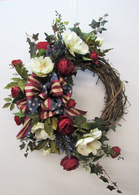 Folding Sweaters, Fancy Doors, Magnolia Wreaths, Floral Swags, Patriotic Wreaths, Floral Door Wreaths, Americana Wreath, July Wreath, Door Wreaths Diy