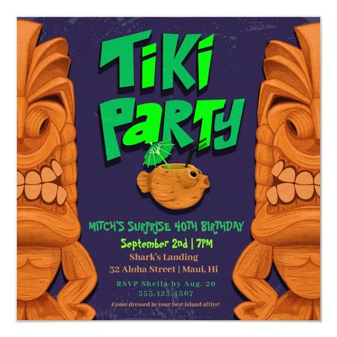 Tiki Party Luau Surprise Birthday Invitation #birthdayinvitations #birthday #1stbirthdayinvitations #quinceanerainvitations #birthdayinvitationstemplate #birthdayinvitationcard #disneybirthdayinvitations #zazzle #zazzleinvitation Surprise 40th, Shark Birthday Invitations, Surprise Birthday Invitations, Surprise Birthday Party, Shark Birthday Party, Tiki Party, Shark Birthday, Birthday Surprise Party, Quinceanera Invitations