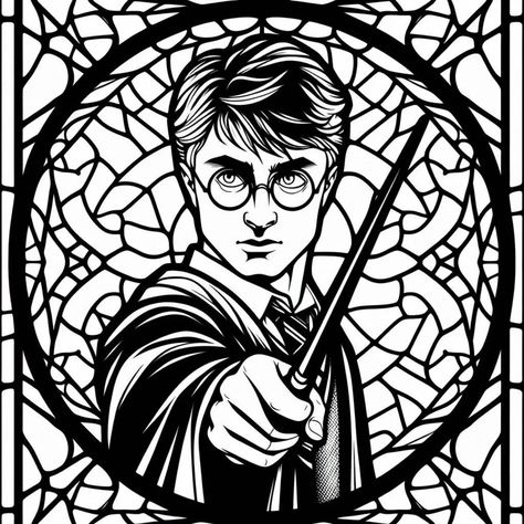 Harry Potter Black And White Drawing, Harry Potter Drawings Sketches Easy, Harry Potter Vector Art, Harry Potter Outline, Harry Potter Mandala, Harry Potter Black And White, Harry Potter Stencils, Harry Potter Silhouette, Harry Potter Decal