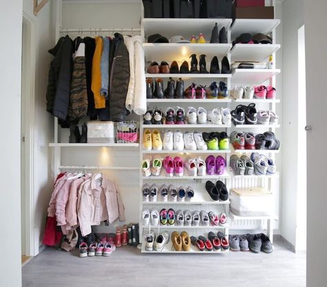 ikea elvarli open closet hack Ikea Wardrobe Closet, Ikea Elvarli, Staircase Decor Ideas, Ikea Lack Table, Smart Bedroom, Ikea Wardrobe, Fall Bedroom Decor, Closet Hacks, Cozy Fall Bedroom