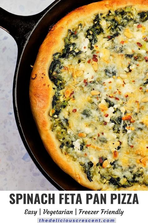 Cast iron pan pizza makes the best crunchy pizza crust ever! With a delicious spinach and feta topping, this skillet pizza with mediterranean flavors makes a satisfying dish. Make this easy recipe with homemade dough or store bought version. Learn how to make it healthy with some whole wheat flour. This filling deep dish pan pizza is great for weeknights or fun weekends. #castironpizza #spinachpizza #fetapizza Spinach Feta Pizza, Eggplant Couscous, Cast Iron Pan Pizza, Low Carb Recipes Dairy Free, High Protein Crockpot, Chicken Yogurt, Iron Skillet Pizza, Baked Dinners, Crockpot Gluten Free