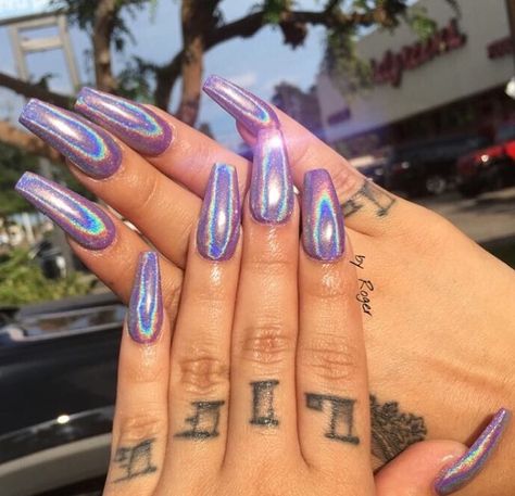 Purple holographic nails Purple Nails Holographic, Purple Holographic Acrylic Nails, Holographic Nails Purple, Purple Holographic Nails Designs, Purple Holo Nails, Holographic Nails Acrylic, Hallographic Nails, Purple Holographic, Unicorn Nails