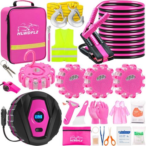 HLWDFLZ Car Emergency Kit with Portable Air Compressor - LED Road Flares Auto Emergency Roadside Assistance Car Kit, Winter Car Safety Roadside Assist Kit for Teen Girl and Ladies L-77 Car Safety Kit, Emergency Car Kit, Roadside Emergency Kit, Car Packing, Emergency Essentials, Car Emergency Kit, Portable Air Pump, Winter Car, Pink Jumper