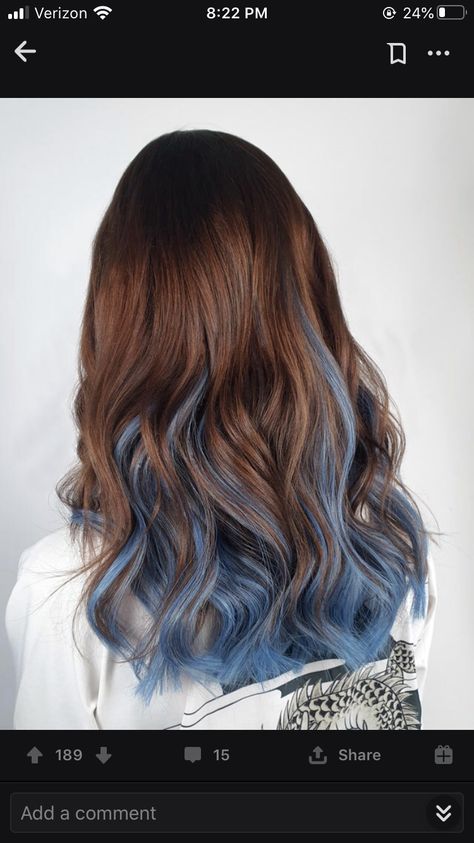 Brunette With Blue Peekaboo, Brunette Hair With Blue Tips, Hair Dye Blue Highlights, Light Brown Hair With Blue Tips, Blue Tinted Brown Hair, Medium Brown Hair With Blue Highlights, Light Brown Hair Blue Highlights, Hair Dye Ideas For Wavy Hair, Blue And Light Brown Hair