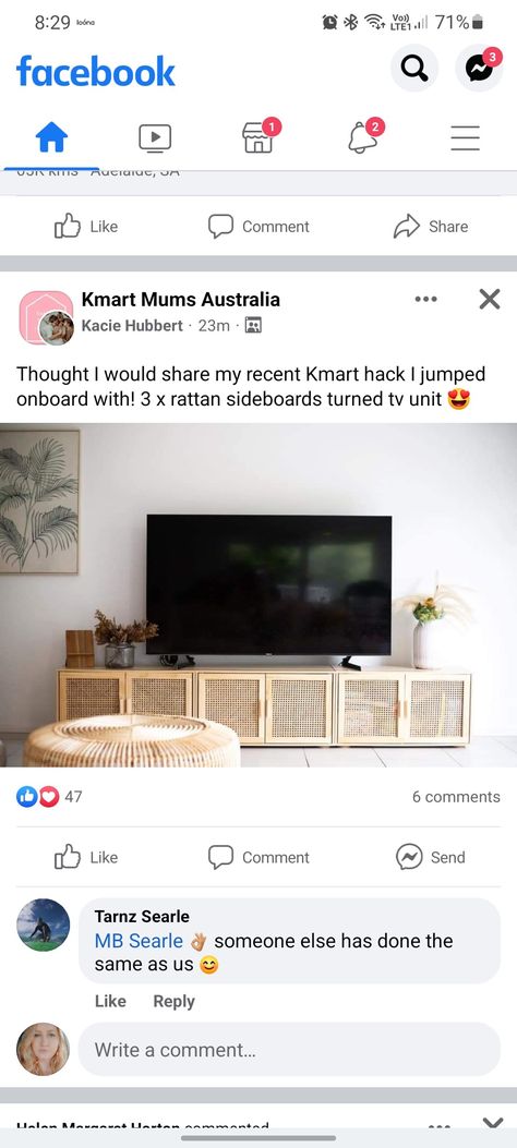 Kmart Rattan Tv Unit Hack, Kmart Rattan Sideboard, How To Decorate A Sideboard, Kmart Hacks, Rattan Sideboard, Sideboard Tv Unit, Granny Flat, Gray Sofa, Tv Unit