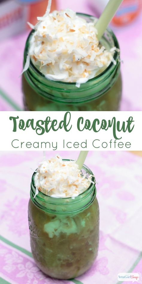 This toasted coconut iced coffee recipe is a creamy, cold, refreshing treat on a hot summer day. #sponsored Coconut Iced Coffee Recipes, Coconut Iced Coffee, Healthy Coffee Creamer, Coconut Tequila, Iced Latte Recipe, Coconut Milk Coffee, Seed Starters, Iced Coffee Recipe, Coffee Creamer Recipe