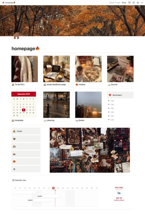 Notion homepage, notion personal dashboard, notion template, easy to use notion template, notion idea, notion simple homepage, fall themed notion page, fall theme notion page, fall aesthetic, fall aesthetic notion page, autumn vibes, autumn aesthetic, autumn aesthetic notion page Notion Dashboard Aesthetic Simple, Fall Notion Template, Notion Home Page Aesthetic, Aesthetic Notion Page, Notion Homepage Template, Notion Homepage Ideas, Notion Personal Dashboard, Fall Notion, Notion Templates Aesthetic