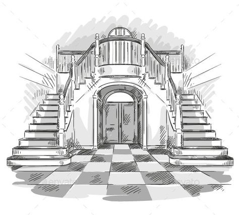 Spacious Hall and Staircase Drawing Vintage Drawing Room, Minimalist Drawing Room, Room Ideas Drawing, Bohemian Drawing, Drawing Room Ideas, Staircase Drawing, How To Draw Stairs, Aesthetics Vintage, Traditional Staircase