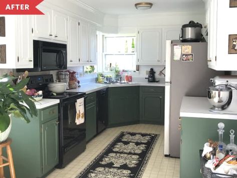 After: kitchen with green base cabinets and white upper cabinets White Kitchen Makeover, Dated Kitchen, Bathroom Renovation Cost, 1960s Kitchen, Builder Grade Kitchen, Dark Wood Kitchens, Painted Cabinet, Painted Cabinets, Kitchen Diy Makeover