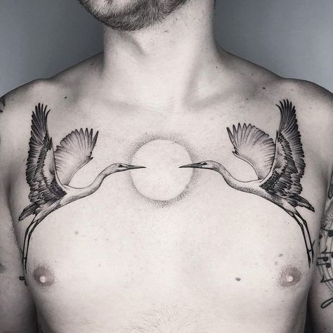 Crane Chest Tattoo, London Tattoo, Chest Piece, Chest Tattoo, Infinity Tattoo, Tattoo Artists, Art Inspo, Birds, Tattoos