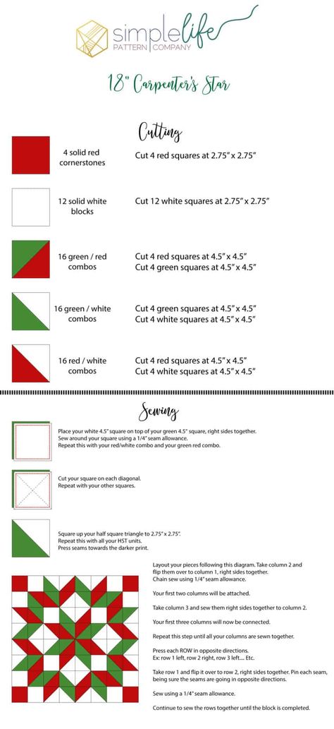 Quilting with Cricut - FREE Carpenter's Star quilt block - The Simple Life Pattern Company. Free pdf downloadable quilt sewing block. Half square triangle quilting star large 18" 64 piece 8x8 grid hst Carpenters Star Quilt Block, Free Carpenter Star Quilt Pattern, Carpenters Square Quilt, Cricut Quilt Patterns, Carpenters Wheel Quilt Pattern Free, Carpenter Star Quilting Ideas, Free 12 Inch Quilt Block Patterns Free, Christmas Star Quilt Block Free Pattern, Carpenters Star Quilt Pattern Free