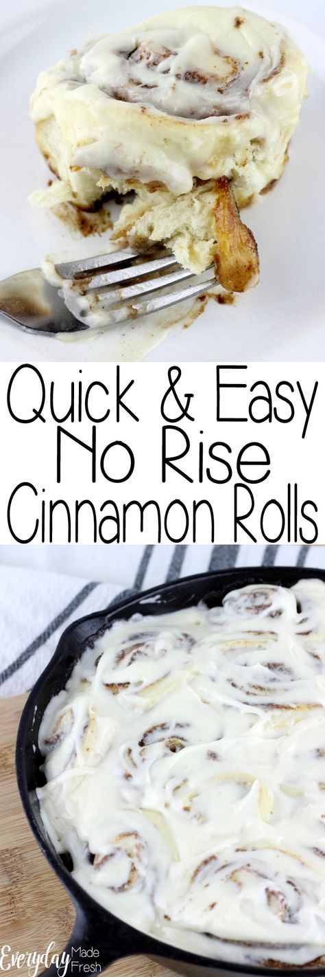 Quick & Easy No Rise Cinnamon Rolls need no introduction, and this will be your favorite recipe of this breakfast favorite. These cinnamon rolls are topped with a thick vanilla cream cheese icing that isn't too sweet. | EverydayMadeFresh.com Skillet Cinnamon Rolls, Quick Cinnamon Rolls, Brunch Party Recipes, Breakfast Recipes Easy Quick, Chicory Recipe, Breakfast Rolls, Amazing Appetizers, Sweet Rolls, It's Monday